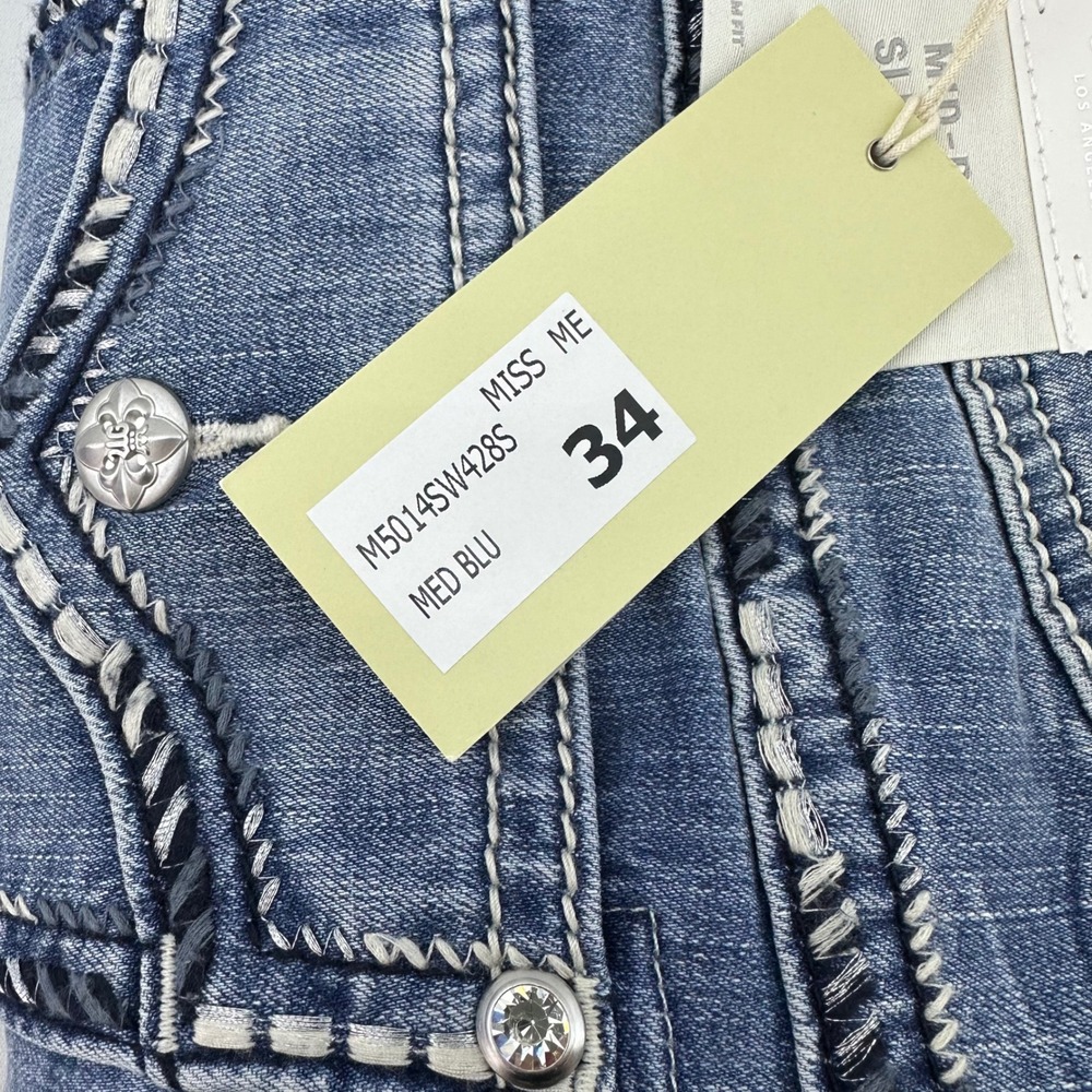Miss Me Mid Rise Slim Wide Jeans W34 L30 Y2K Bling Thick‎ Stitch Bootcut NWT - Picture 15 of 16